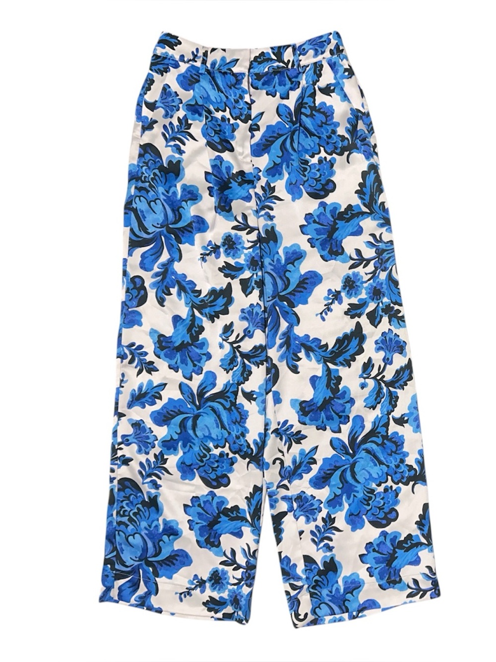 Christian Lacroix Wide Leg Satin Floral Pants Size S High Rise Blue White
